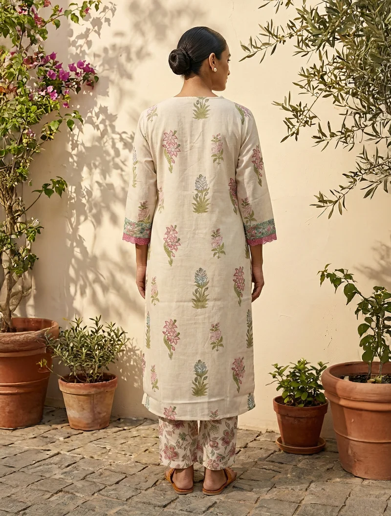 ترو برونز trueBrowns Ivory Floral Boota Print Kurta Pant Set